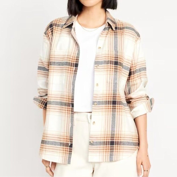 Old Navy Tops - Old Navy The Boyfriend Shirt,  Plaid Button-Down Shirt - Cream and Brown‎